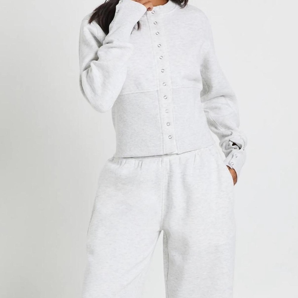 Boohoo Petite Gray Button-Up Sweatshirt and Joggers Set